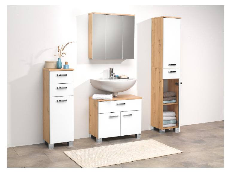 Meuble salle de bain moderne : vasque, armoire à miroir et colonnes de rangement.