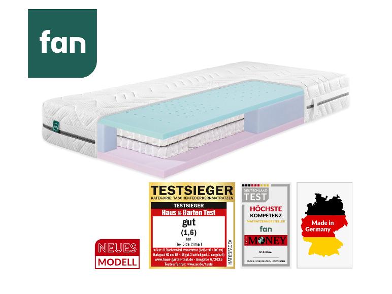 Une vue en coupe d'un matelas avec plusieurs couches, montrant un noyau à ressorts ensachés, des couches de mousse et une housse matelassée blanche, ainsi que plusieurs labels de test et une étiquette 'Made in Germany'.