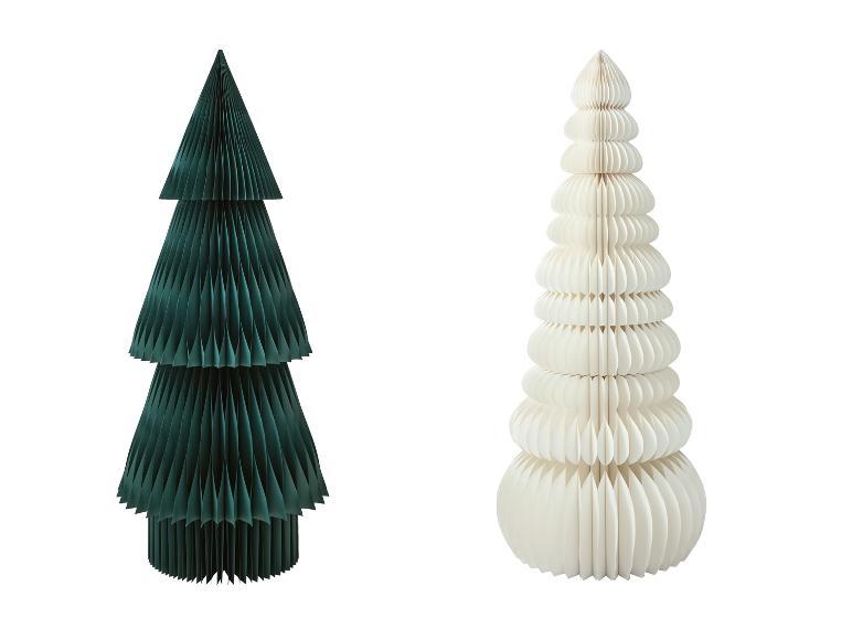 LIVARNO® Wabenpapier Weihnachtsbaum: Deux sapins de Noël pliables en papier, un vert et un blanc.
