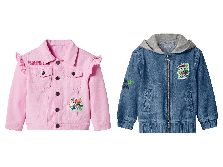 Vestes en jean pour enfants : une rose avec des volants et une bleue à capuche.