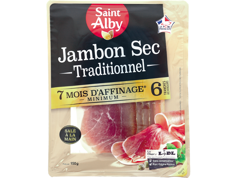 Jambon sec traditionnel, affiné 7 mois, emballage de 150 g.