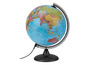 Un globe terrestre bleu avec un pied noir et un méridien de style compas.