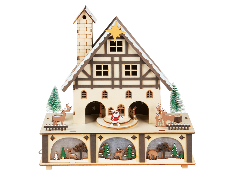 Décoration de Noël en bois en forme de maison avec le Père Noël, des rennes et des sapins