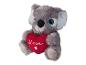 Un koala en peluche gris tenant un cœur rouge avec l'inscription 'Love'.