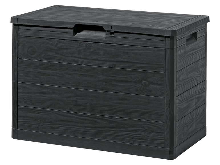 Un coffre de rangement noir avec un aspect bois.