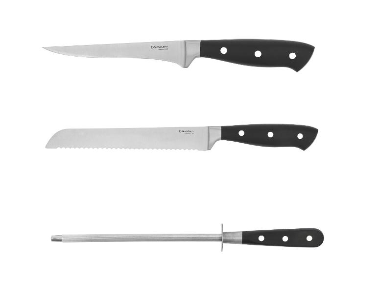 Couteau de cuisine, couteau à pain et aiguiseur de couteaux à manches noirs.