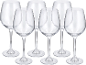Six verres à vin transparents avec de longues tiges et de larges bols sur fond noir.
