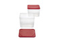 Deux boîtes de rangement transparentes avec des couvercles rouges.