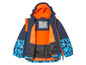 Une veste d'enfant bleue avec une doublure orange et un motif géométrique.