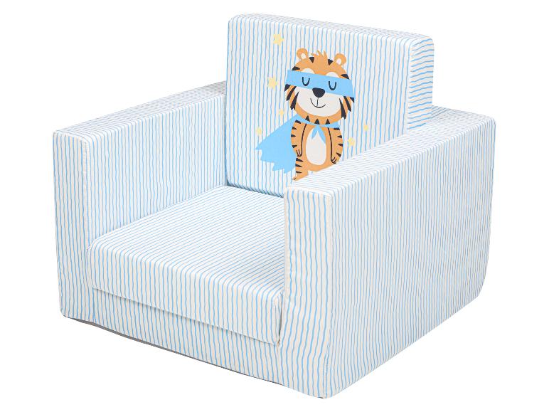 Fauteuil enfant rayé bleu et blanc avec motif tigre super-héros.