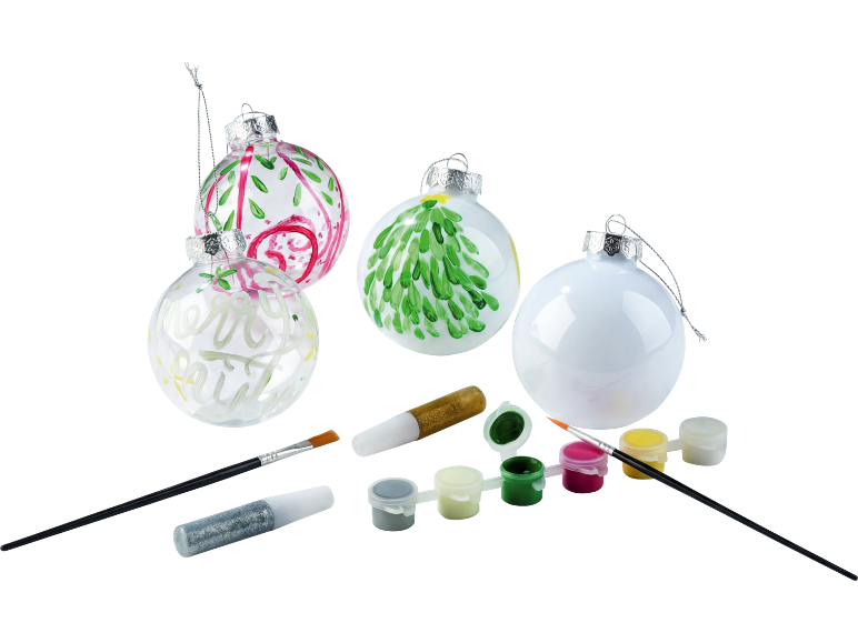 Kit de décoration de boules de Noël avec peintures, pinceaux et paillettes.