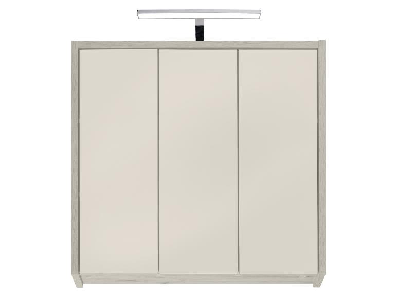 Armoire à trois portes coulissantes avec éclairage LED, finition bois clair et portes crème.