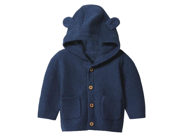 Cardigan bébé tricoté bleu foncé avec capuche et oreilles d'ours.