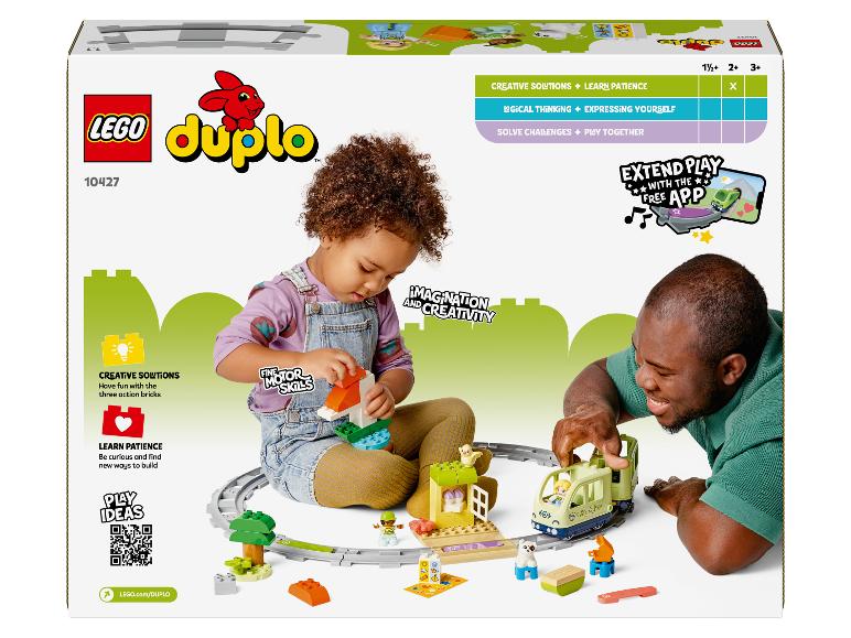 Boîte LEGO Duplo avec un enfant et un adulte jouant avec un train et des briques.