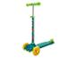 Trottinette pour enfants verte et bleue avec des roues jaunes et des motifs de dinosaures.