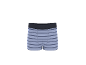 Boxers rayés bleus et blancs avec une ceinture élastique foncée.