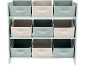 Meuble de rangement avec neuf boîtes en tissu bleu clair, beige et gris foncé.