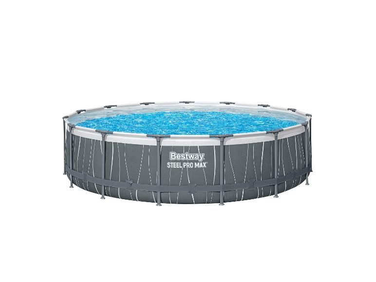 Piscine Bestway Steel Pro Max, ronde, grise et blanche, remplie d'eau.