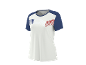 T-shirt de sport blanc avec manches bleues et rayures décoratives bleues, blanches et rouges.