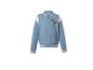 Blouson bomber bleu avec manches blanches et texte 'NY' sur la poitrine.