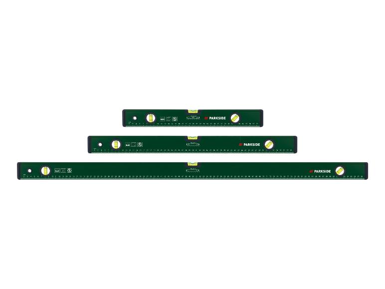 Trois niveaux à bulle Parkside verts de différentes tailles avec échelle de mesure.