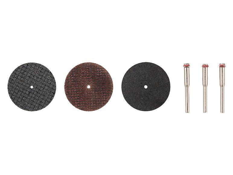 Trois disques de coupe abrasifs et trois mandrins pour outils rotatifs.