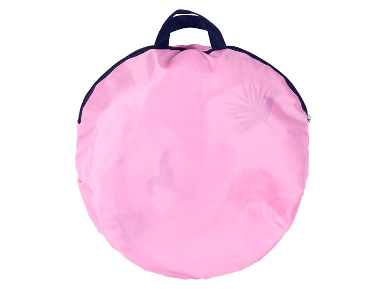 Sac de plage rond rose avec poignées bleues et fermeture éclair
