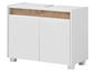 Meuble de salle de bain blanc avec des accents en bois