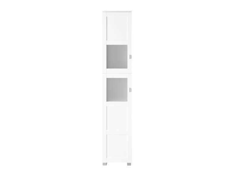 Armoire haute blanche avec deux portes en verre dépoli et poignées argentées.