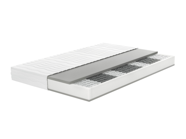 Une coupe transversale d'un matelas avec différentes couches, y compris une couche supérieure en mousse et un noyau à ressorts ensachés.