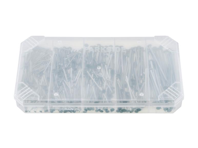 Boîte en plastique transparent remplie de clous à tête ronde.