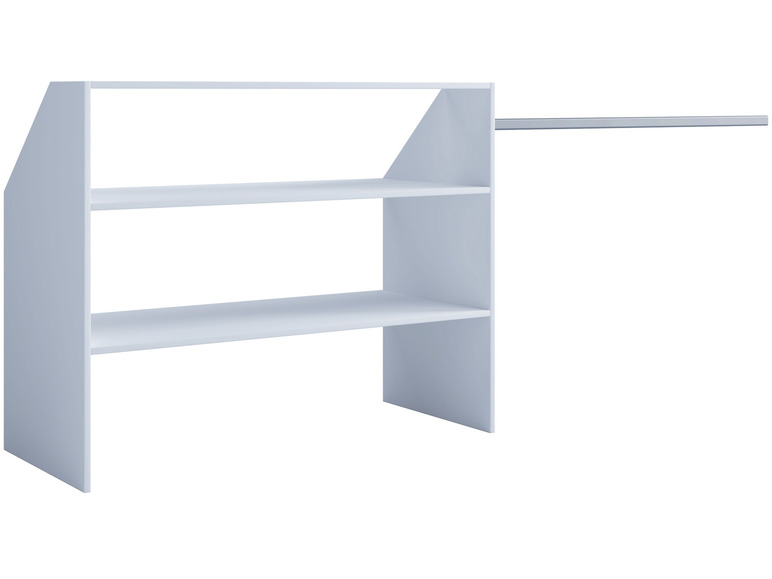 Étagère blanche avec deux étagères et une barre de suspension.