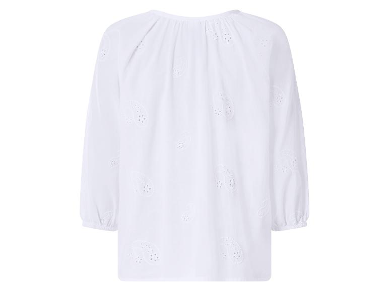 Chemisier blanc à manches longues avec motifs paisley brodés, vue arrière.