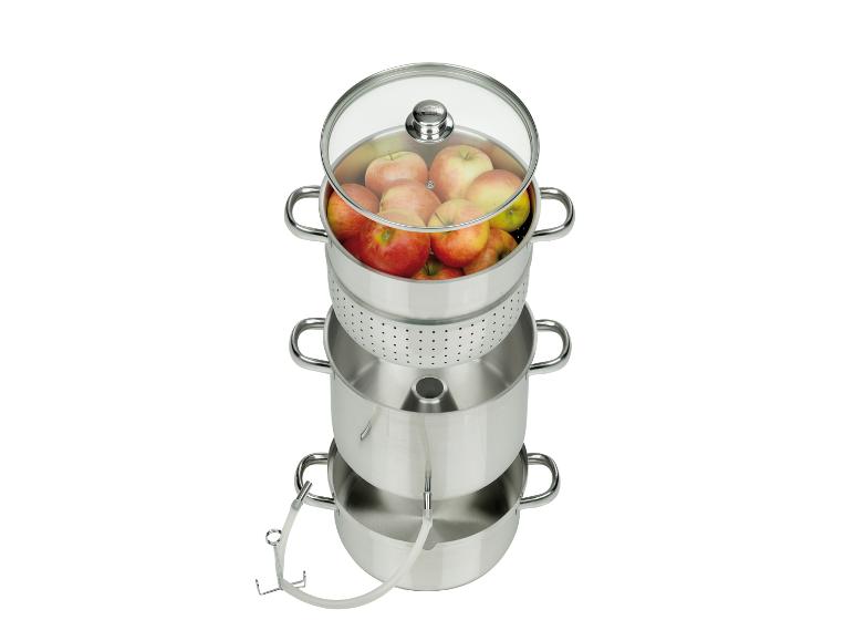 Presse-fruits en acier inoxydable : cuve, panier et couvercle en verre.