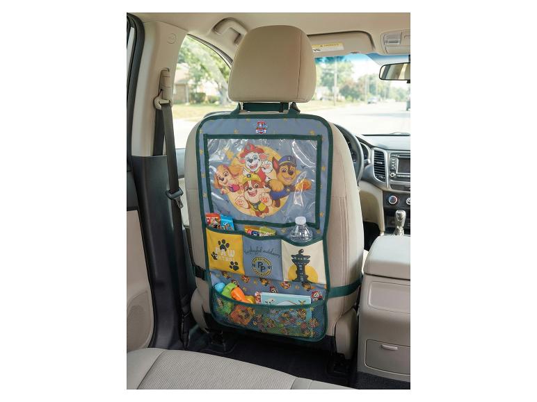 Organisateur de siège de voiture Pat' Patrouille avec poches et compartiments pour jouets et bouteilles.