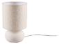 Lampe de table avec base sphérique blanche et abat-jour cylindrique en tissu beige.