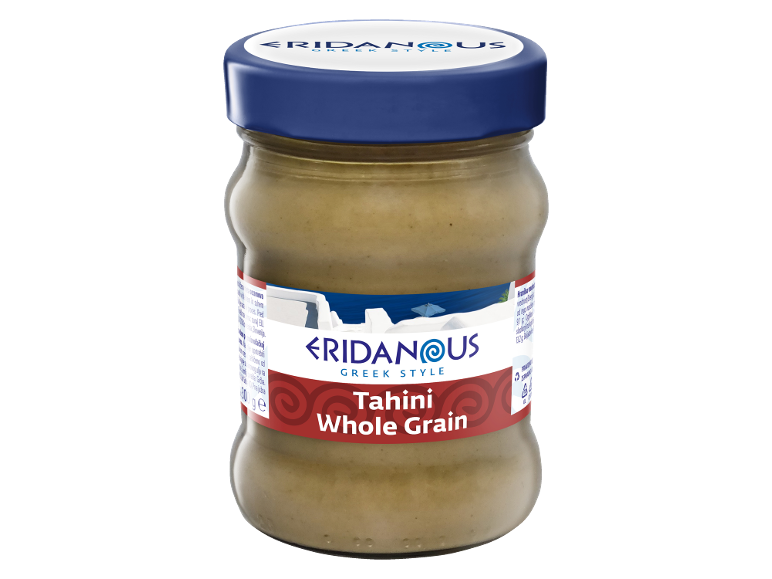 Un pot de tahini grec complet avec un couvercle bleu.