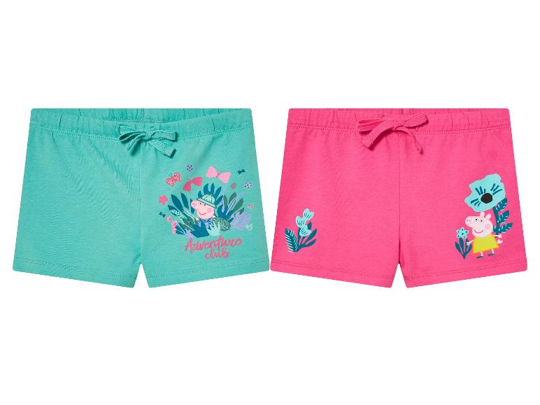 Deux shorts pour enfant, motifs Peppa Pig, turquoise et rose.