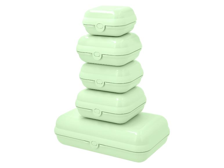 Pile de boîtes à lunch vertes de différentes tailles sur fond blanc.