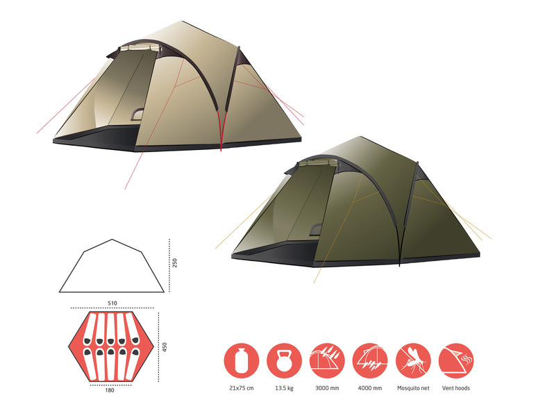 Deux tentes de couleur beige et verte, avec des dimensions et des caractéristiques.