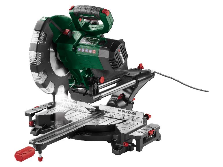 Scie à onglet coulissante verte et noire avec des accents rouges