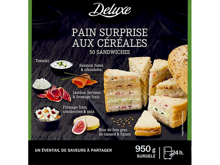 Un pain surprise avec 50 sandwichs aux saveurs variées : tzatziki, saumon fumé, jambon Serrano, fromage frais canneberges et foie gras de canard figues.