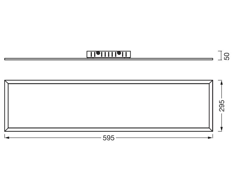 Dessin technique d'un luminaire rectangulaire avec des dimensions de 595x295x50 mm.