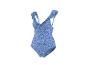 Maillot de bain une pièce bleu à fleurs avec volants sur les bretelles.