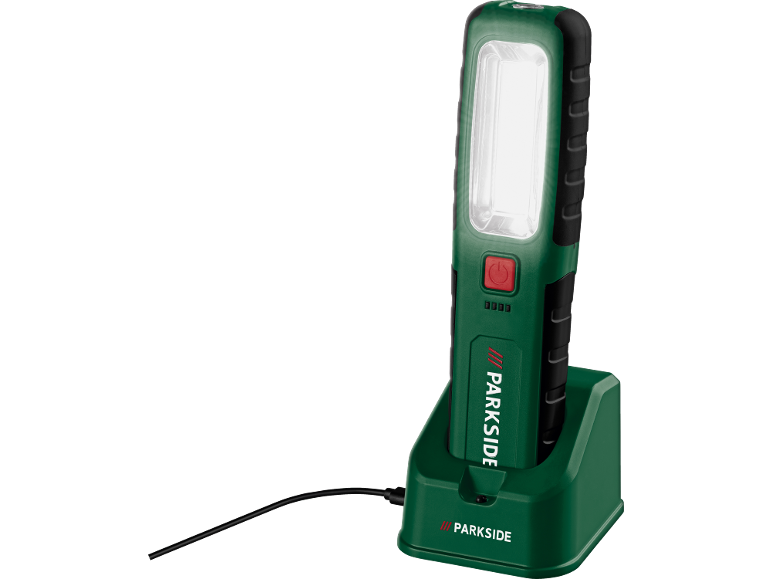 Lampe de travail LED rechargeable dans une station de charge avec câble d'alimentation.