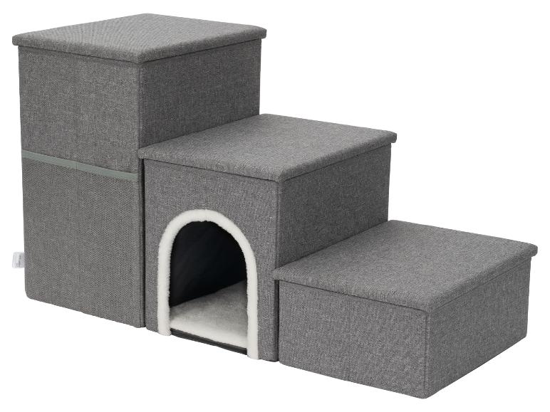 Escalier gris à trois marches pour animaux de compagnie avec niche intégrée et rangement.
