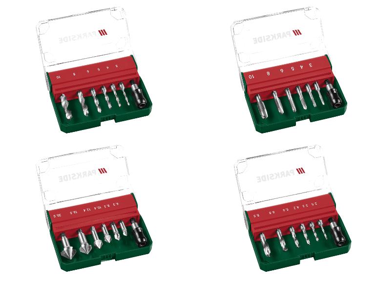 Ensembles de forets et d'embouts de tournevis Parkside dans des boîtiers transparents.