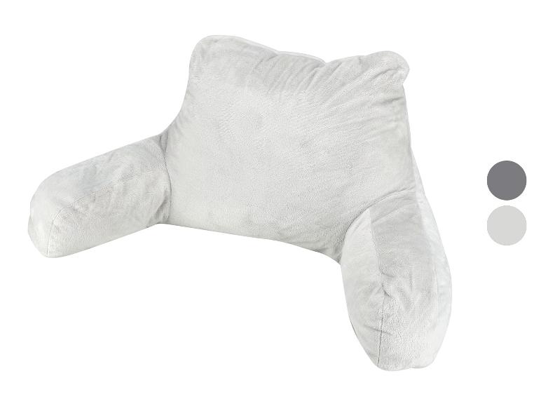 Oreiller de soutien dorsal gris clair avec accoudoirs latéraux.