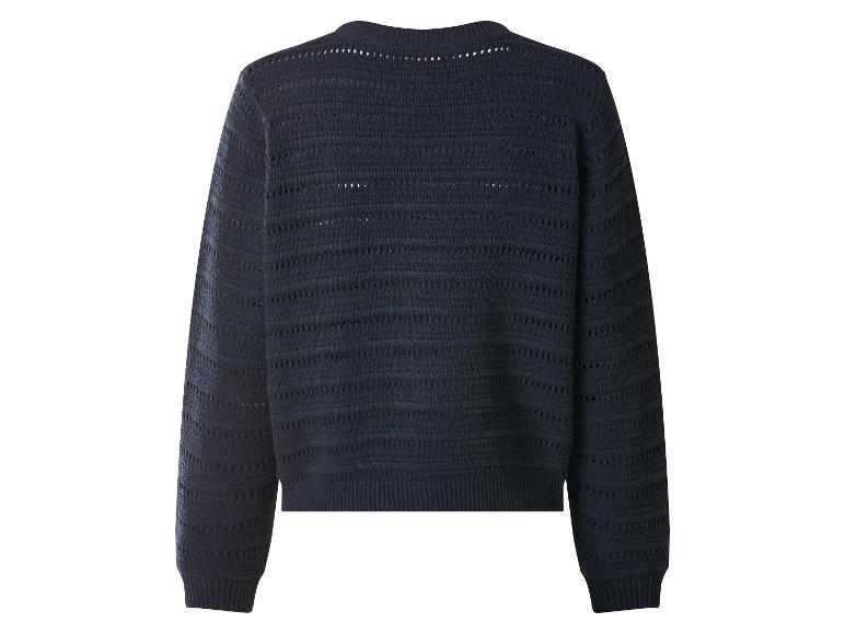 Pull femme bleu marine à manches longues avec tricot ajouré, vue arrière.