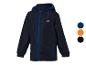 Veste à capuche pour enfant, disponible en bleu marine, orange et noir.